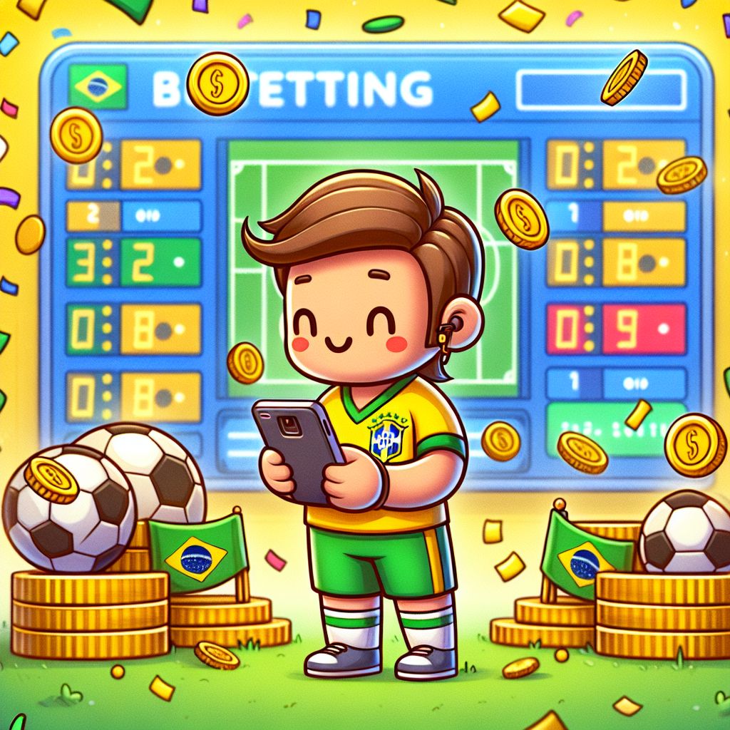 Cartoon sports fan holding a bet slip with a scoreboard and coins in Brazil colors