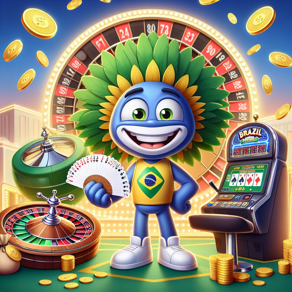 Mascote de cassino em desenho animado com cartas, roda de roleta e moedas com tema do Brasil