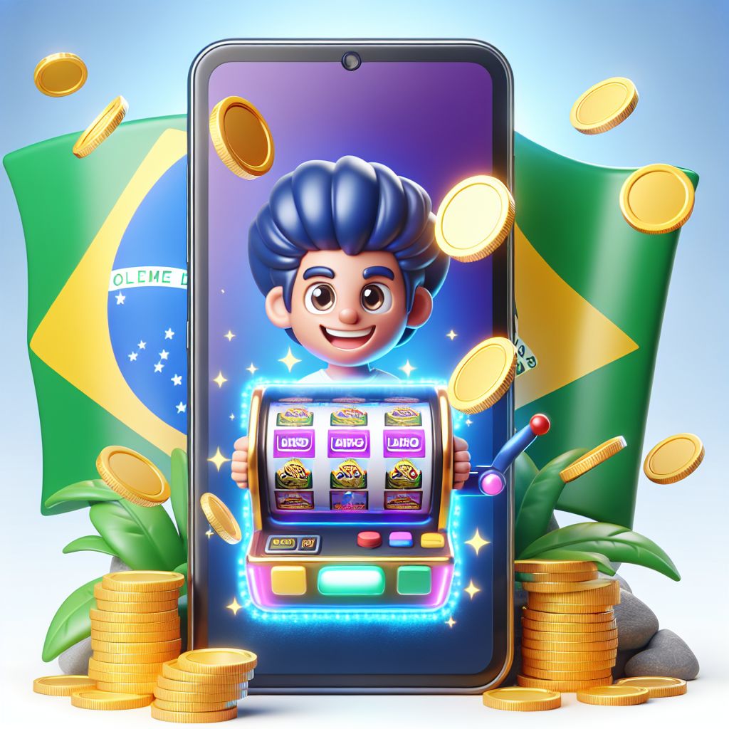 Cartoon-style character spinning a slot with Brazilian-inspired colors and coin rewards