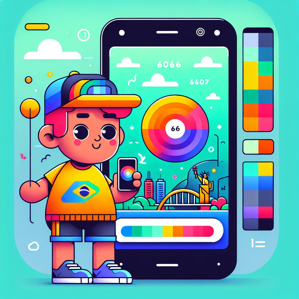 Personagem de desenho animado usando um smartphone com interface temática 6666bb e fundo de cidade brasileira
